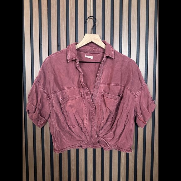 Pilcro Top Large Womens Dusty Rose Front Knot Roll Tab Collared Cropped Ribbed - Picture 1 of 8